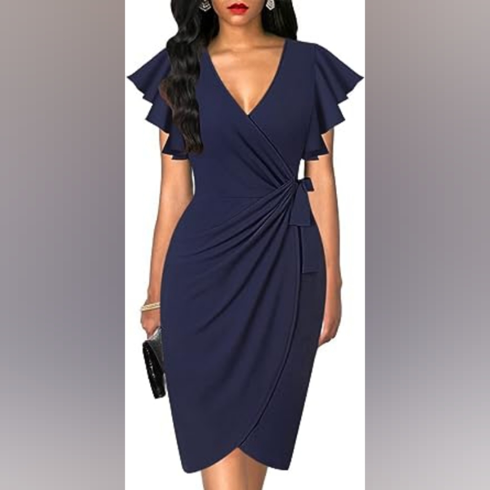 nwt OTEN Navy Deep V Neck Ruffle Sleeve Sheath Faux Wrap Dress SIZE XL